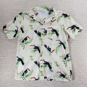 Old Navy Toucan Button Up Shirt S White Novelty Tropical Print Vacation Beach
